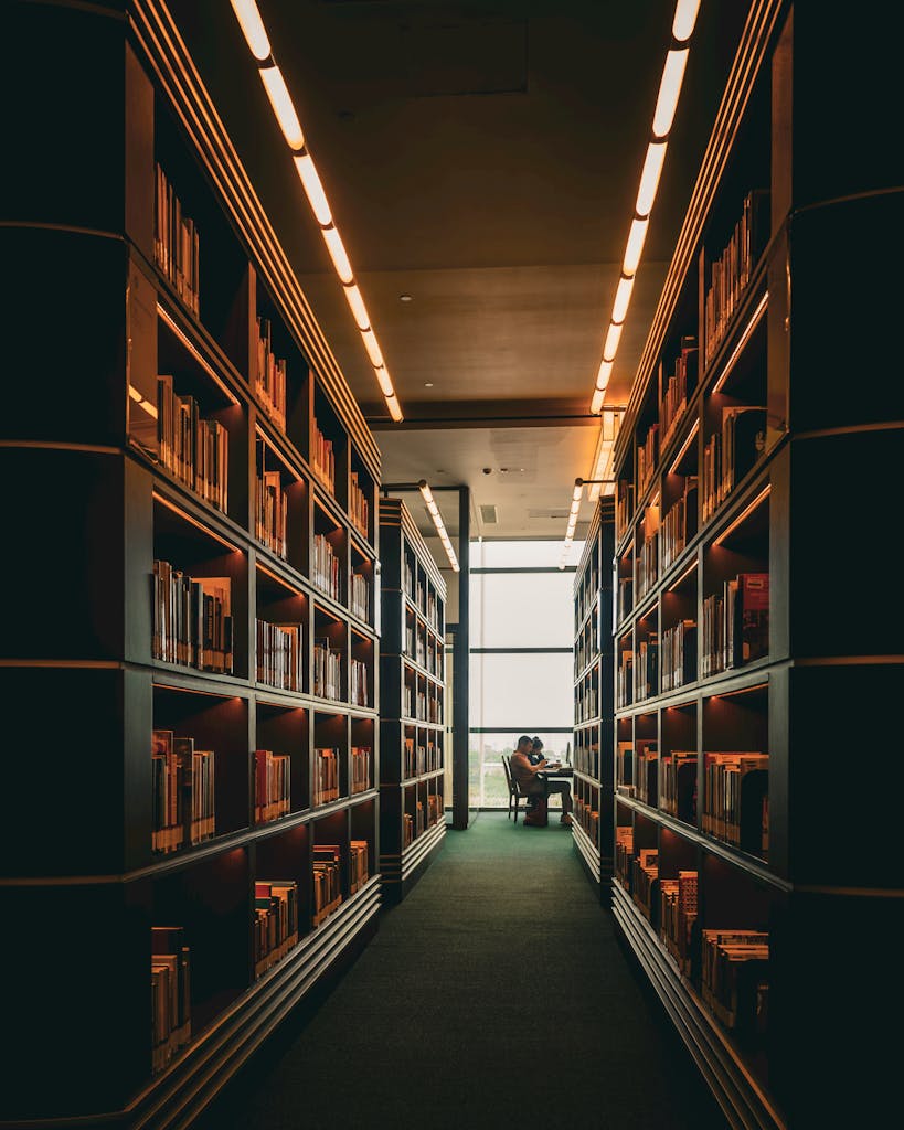 A person studies in a quiet library aisle with bookshelves and soft lighting.